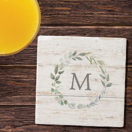 Monogrammerad Rustik Grön Salvia Blad Krans Stenunderlägg