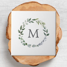 Monogrammerad Rustik Grön Salvia Bladkrans Kakelplatta