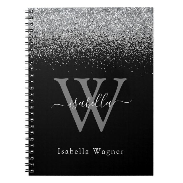 Monogrammerad Silver Svart Glitter Elegant Skrift Anteckningsbok (Framsidan)