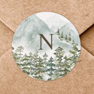 Monogrammerad skog och berg natur akvarell runt klistermärke