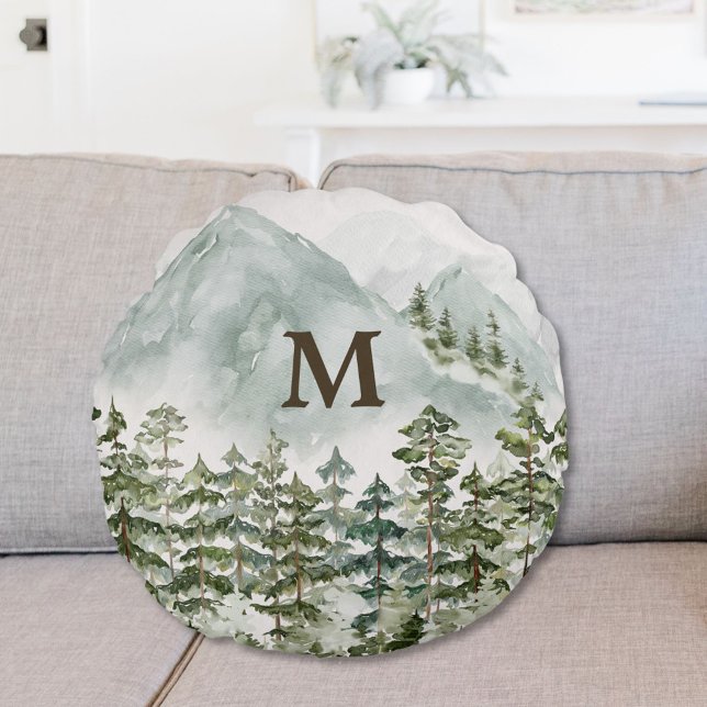 Monogrammerad Skog och Berg Natur Rund Kudde (In situ)