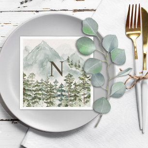 Monogrammerad skog och berg natur vattenfärg pappersservett