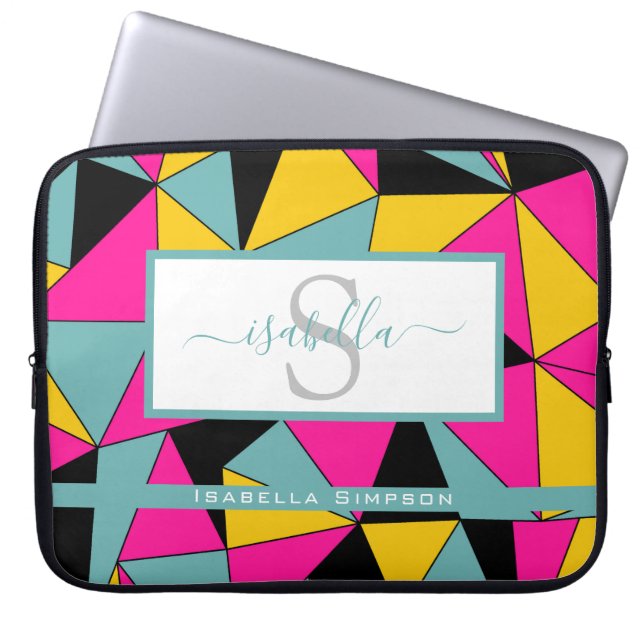 Monogrammerad skript turkos rosa svart gul mönster laptop fodral (Framsidan)