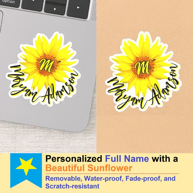Monogrammerad Sunflower flicka etikett - Handskriv (waterproof monogram Sunflower Handwritten Name Sticker)