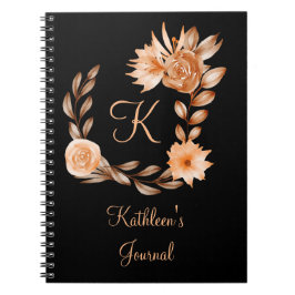 Monogrammerad svart brun och persikofärgad blommig anteckningsbok