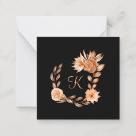 Monogrammerad svart brun och persikofärgad blommig anteckningskort