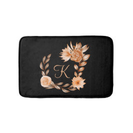 Monogrammerad svart brun och persikofärgad blommig badrumsmatta