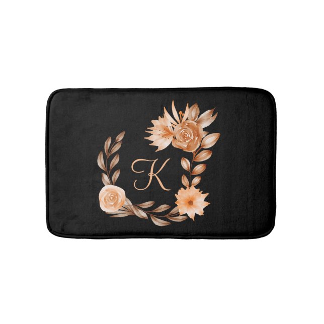 Monogrammerad svart brun och persikofärgad blommig badrumsmatta (Framsidan)