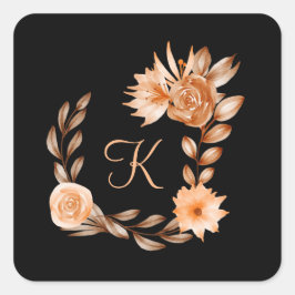Monogrammerad svart brun och persikofärgad blommig fyrkantigt klistermärke