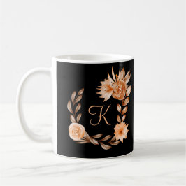 Monogrammerad svart brun och persikofärgad blommig kaffemugg