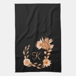 Monogrammerad svart brun och persikofärgad blommig kökshandduk