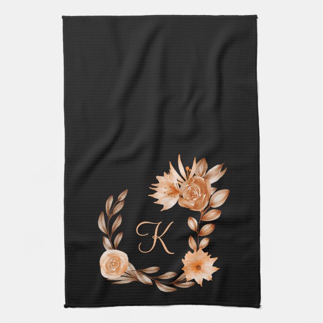 Monogrammerad svart brun och persikofärgad blommig kökshandduk (Vertikal)