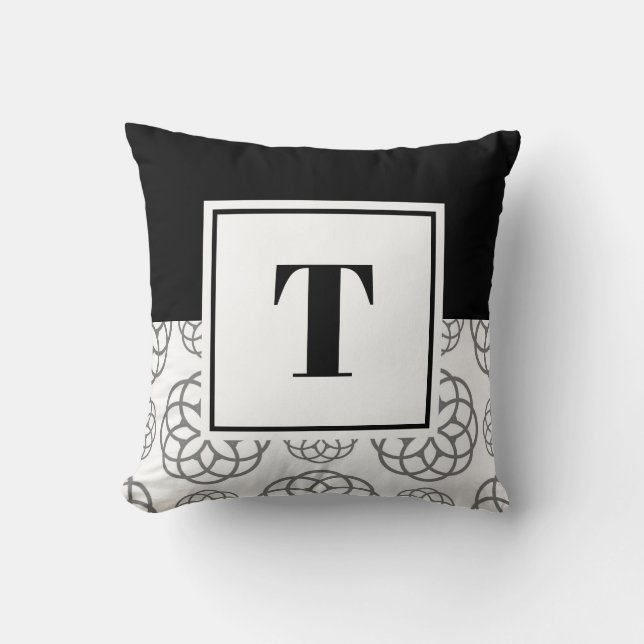 Monogrammerad svart och vit grå mönster  kudde (Framsida)