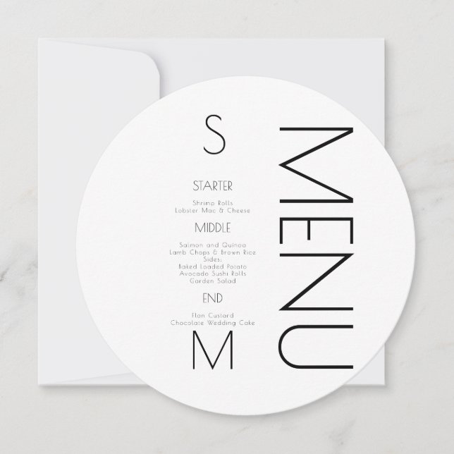 Monogrammerad svart vit enkel bröllopsmeny (Framsida)