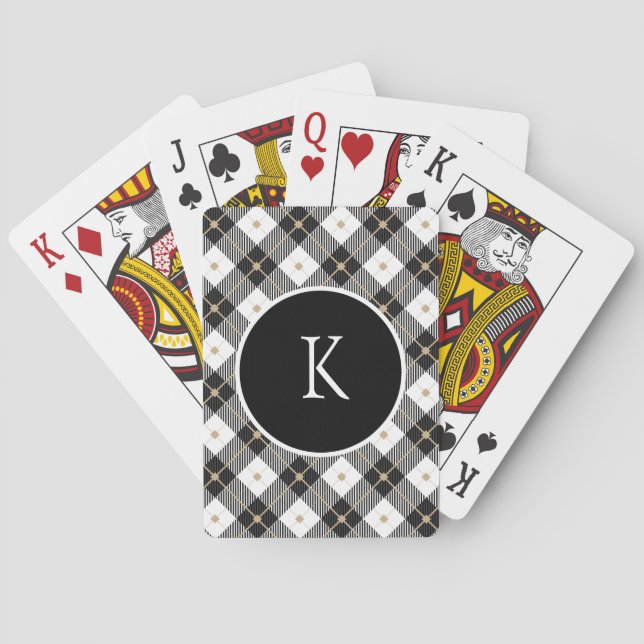 Monogrammerad svart vit guld Plaid Casinokort (Baksidan)
