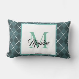 Monogrammerad teal-rutig kastkudde lumbarkudde