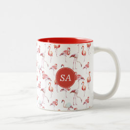 Monogrammerad Tropisk Rosa Flamingo Akvarell Två-Tonad Mugg