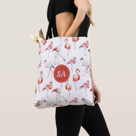 Monogrammerad tropisk rosa flamingo akvarell tygkasse