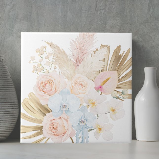 Monogrammerad vacker tropisk blomsterbukett blommi kakelplatta (Skapare uppladdad)