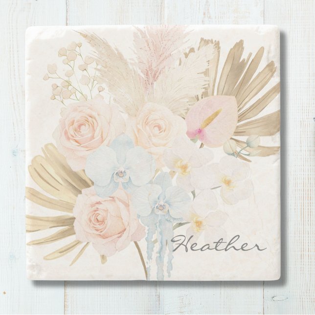 Monogrammerad vacker tropisk blomsterbukett floral stenunderlägg (Skapare uppladdad)