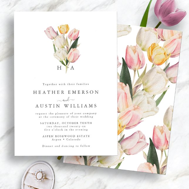 Monogrammerad vårbröllop inbjudningar (Elegant Watercolor Tulips Monogrammed Spring Wedding Invitation by Painted Paperie
)