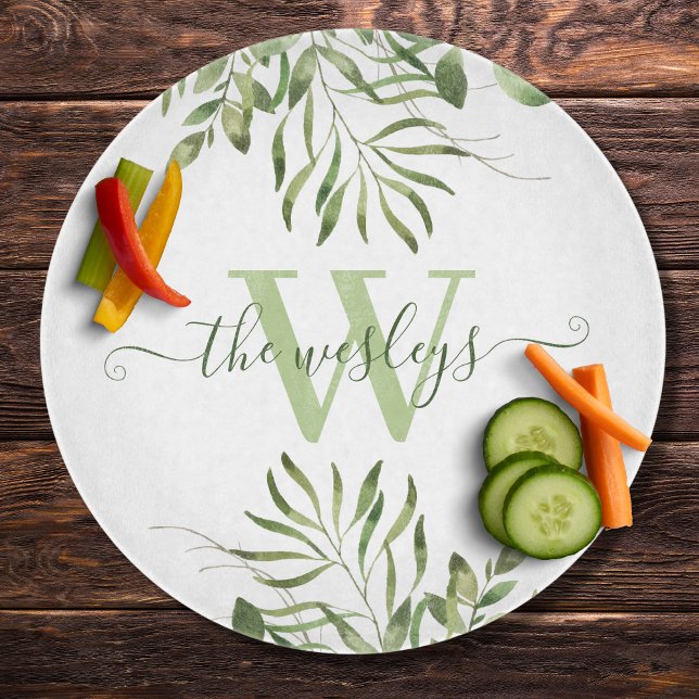 Monogrammerad vattenfärg blad skärbräda (This beautiful personalized cutting board would make a great wedding or bridal shower gift! )