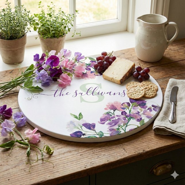 Monogrammerad vattenfärg Sötärta Skärbräda (This beautiful watercolor sweet pea personalized cutting board would make a great gift! )