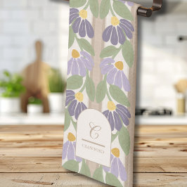 Monogrammerad vintage lila blommig kökshandduk