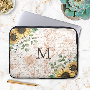Monogrammerad Vintage Rustik Solros Decoupage Laptop Fodral