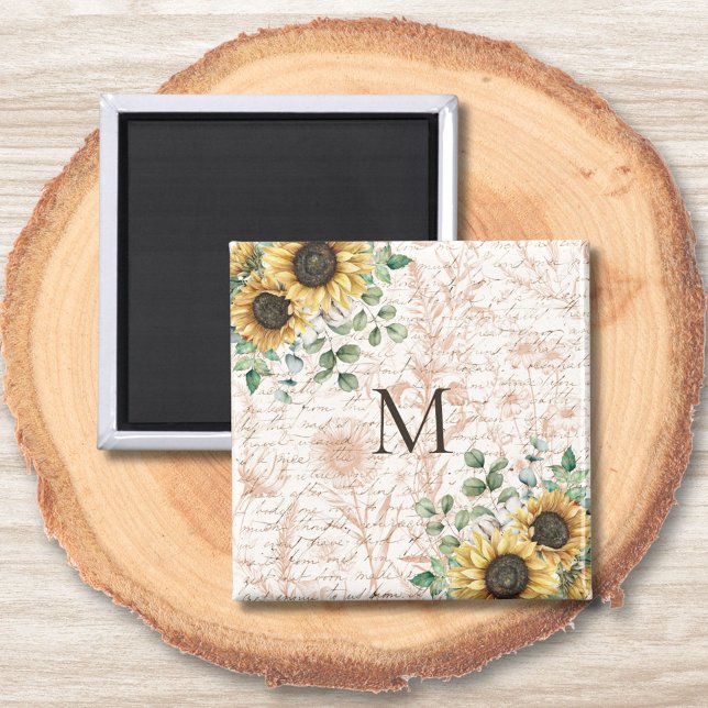 Monogrammerad Vintage Rustik Solros Decoupage Magnet (In situ on wood)