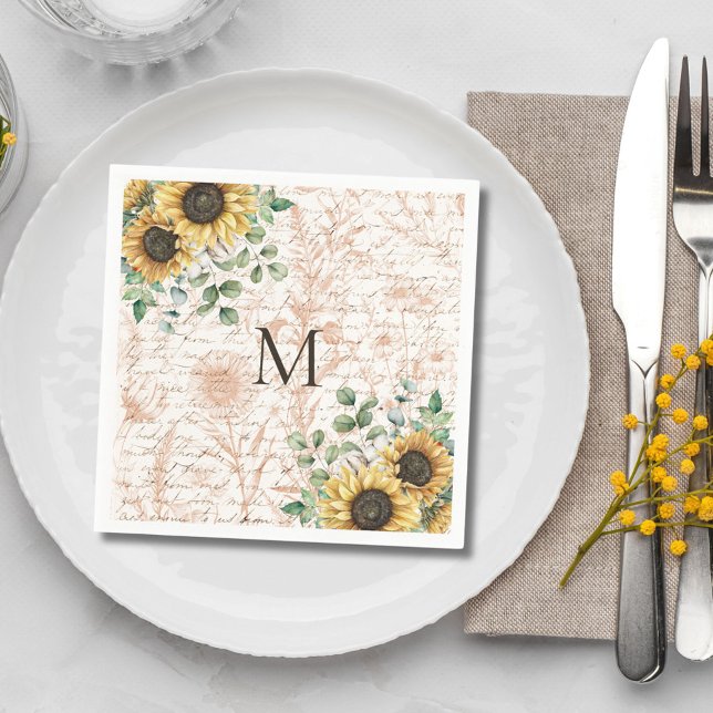 Monogrammerad Vintage Rustik Solros Decoupage Pappersservett (In situ table setting)