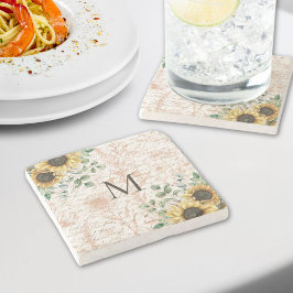 Monogrammerad Vintage Rustik Solros Decoupage Stenunderlägg