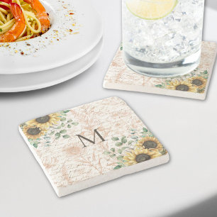 Monogrammerad Vintage Rustik Solros Decoupage Stenunderlägg