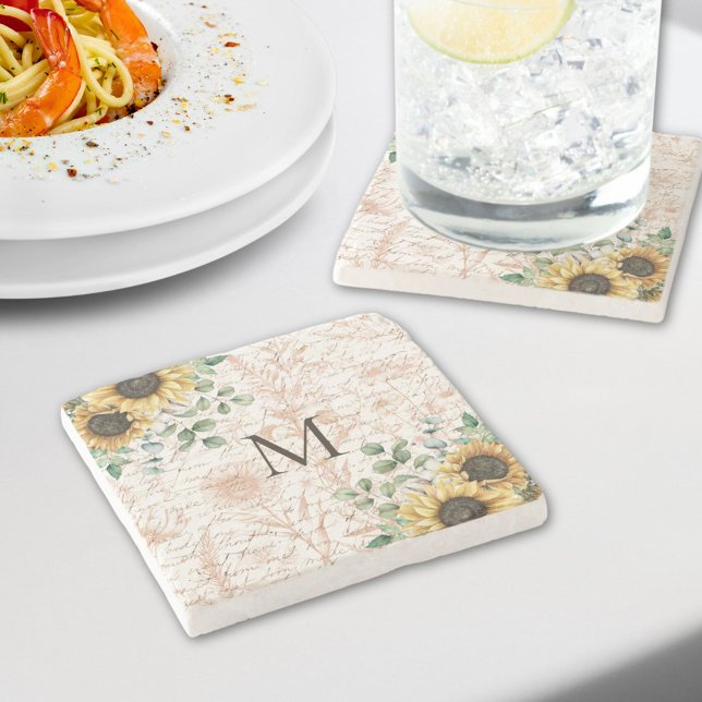 Monogrammerad Vintage Rustik Solros Decoupage Stenunderlägg (In situ on dining table)