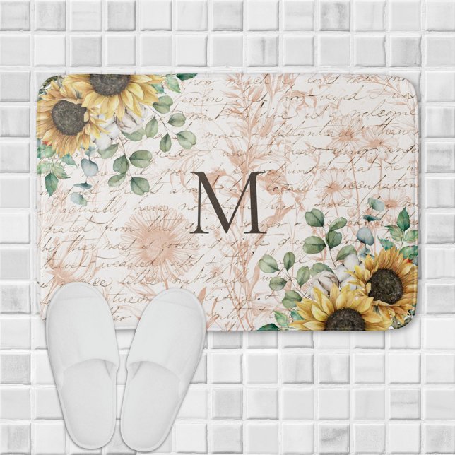 Monogrammerad Vintage Rustik Solros Dekoupage Badrumsmatta (In situ on bathroom floor)