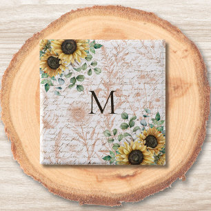 Monogrammerad Vintage Rustik Solros Dekupage Knapp