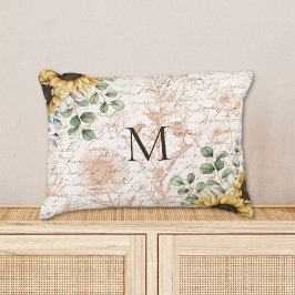 Monogrammerad Vintage Rustik Solros Kalligrafi Prydnadskudde