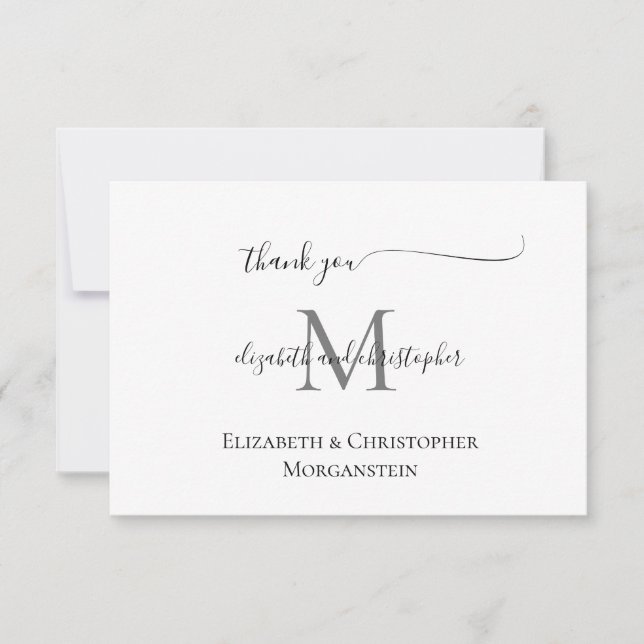 Monogrammerad vit svart script kalligrafi bröllop tack kort (Framsida)