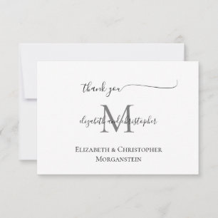 Monogrammerad vit svart script kalligrafi bröllop tack kort