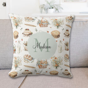 Monogrammerad Whimsisk Blommig Jordgubb Landsbygd Kudde