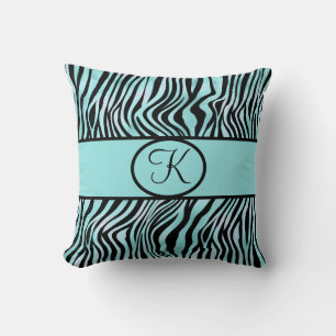 Monogrammerad Zebrarandom Tryck Turkos Aqua Svart Kudde