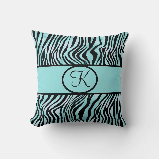 Monogrammerad Zebrarandom Tryck Turkos Aqua Svart Kudde (Framsida)