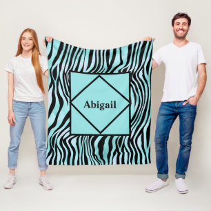 Monogrammerad Zebratryck Svart och Turkos Turquois Fleecefilt
