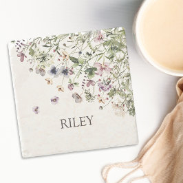 Monogrammerade akvarell lila vilda blommor stenunderlägg