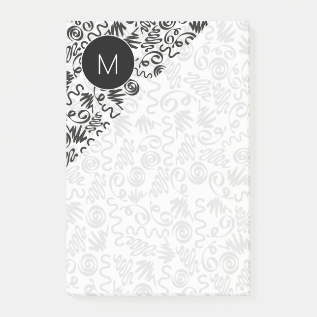 Monogrammerade Doodle-kurvor Svart och Vitt Post-it Block (Framsida)