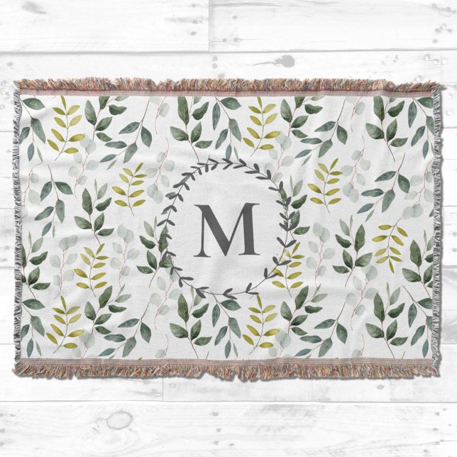 Monogrammerade Gröna Eukalyptus Tropiska blad Filt (In situ on wood)