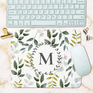 Monogrammerade gröna eukalyptus tropiska blad musmatta