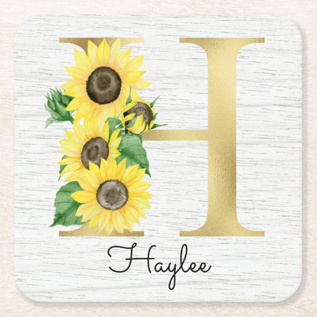 Monogrammerade gyllene solrosor initial H Underlägg Papper Kvadrat (Framsidan)