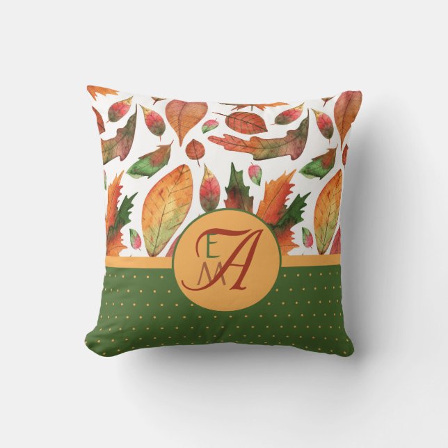 Monogrammerade höstlöven faller orange grön dekor kudde (Framsida)