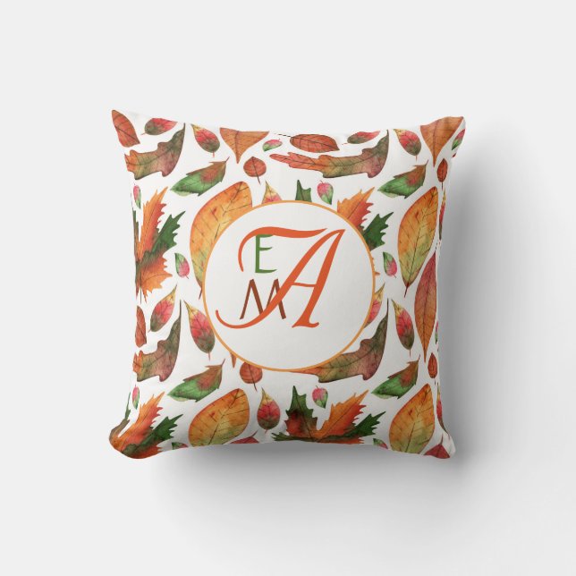 Monogrammerade höstlöven faller orange grön dekora kudde (Framsida)